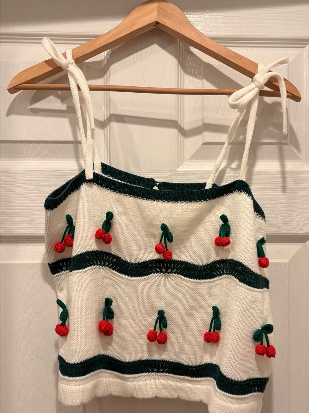 White Cherry Knit Tie-Strap Tank Top
